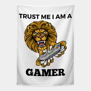 Trust Me I Am A Gamer - Lion With Gamepad And Black Text Tapestry