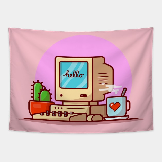 Old Computer Desktop with Coffee and Cactus Cartoon Vector Icon Illustration Tapestry by Catalyst Labs