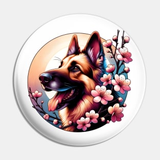 Joyful German Shepherd Dog with Spring Cherry Blossoms Pin