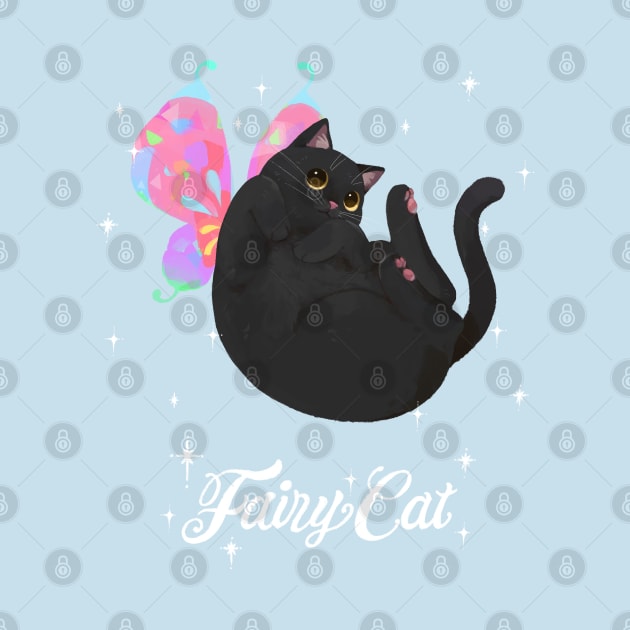 Curled Up Black Fairy Cat (with white text) by You Miichi