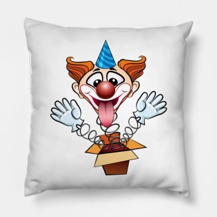 laugthing clown jumps out of surprised box. Pillow