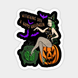 Witch woman spell pumpkin ghost bat Happy Halloween violet orange black green 3D tridimensional 321 Magnet