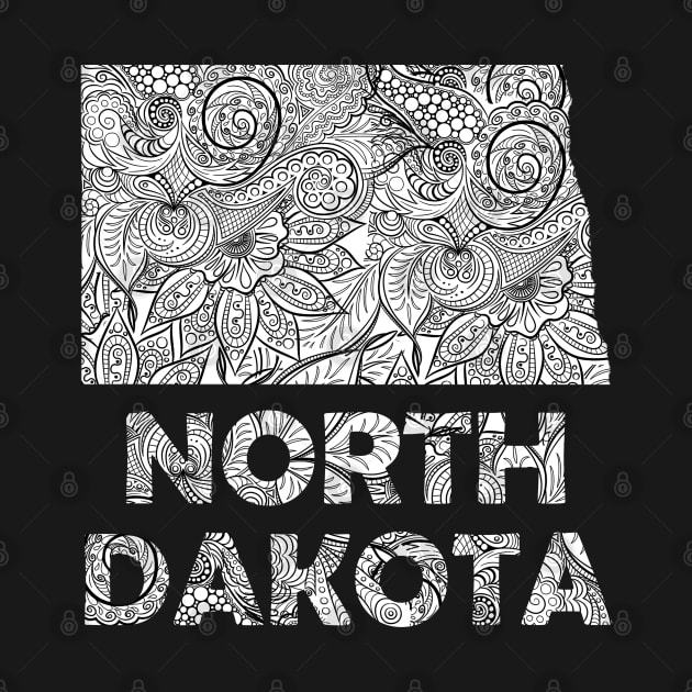 Mandala art map of North Dakota with text in white by Happy Citizen