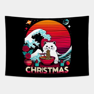 CUTE WHITE CAT EATING RAMEN WAVE JAPANESE Tapestry