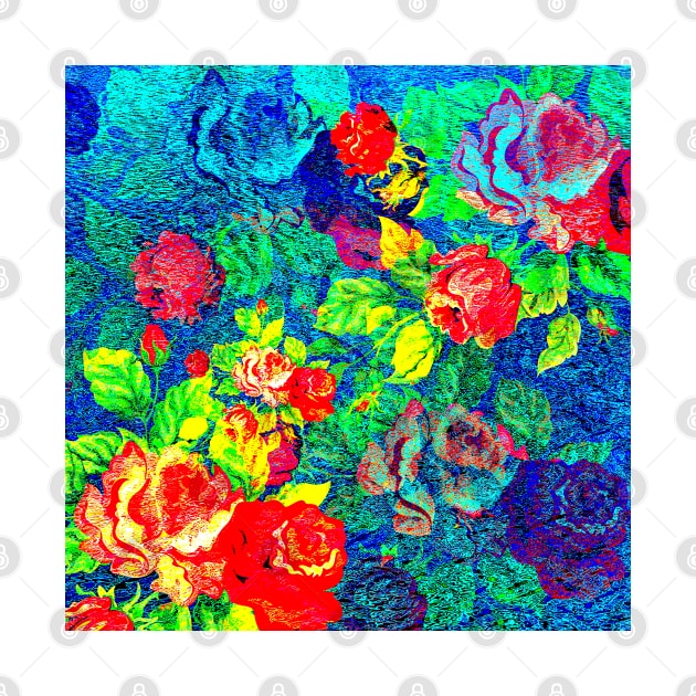 Brightly Colored Rose Pattern Blue Background by Ric1926