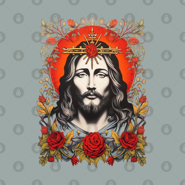 Vintage Retro Jesus Lithograph Portrait by AI Art Originals