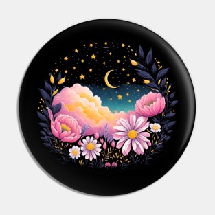 Aesthetic Clouds Starry Sky with Pink Flowers Pin