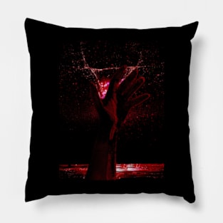 Digital collage and special processing. Hand reaching stars. Monster or great friend. Red. Pillow