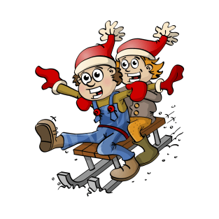 Winter illustration - A boy and a girl playing in the snow on a sledge T-Shirt