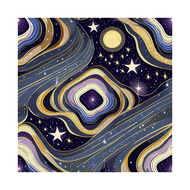 Geometric pattern of curved seamless stripes making a starry night with galaxy and stars by mooonthemoon