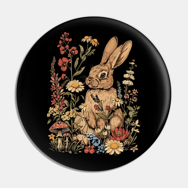 Cottagecore Rabbit Wild Mushroom Spring Flowers Fungus Garden Rabbit Lover Pin by RetroZin