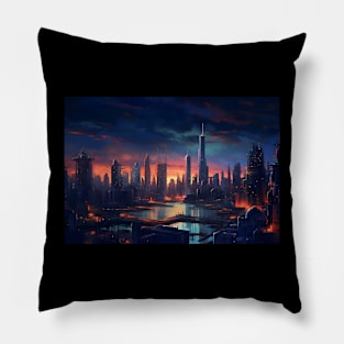 Chicago Neon Post-Apocalyptic Hues A Cyberpunk Apocalypse Cityscape Pillow