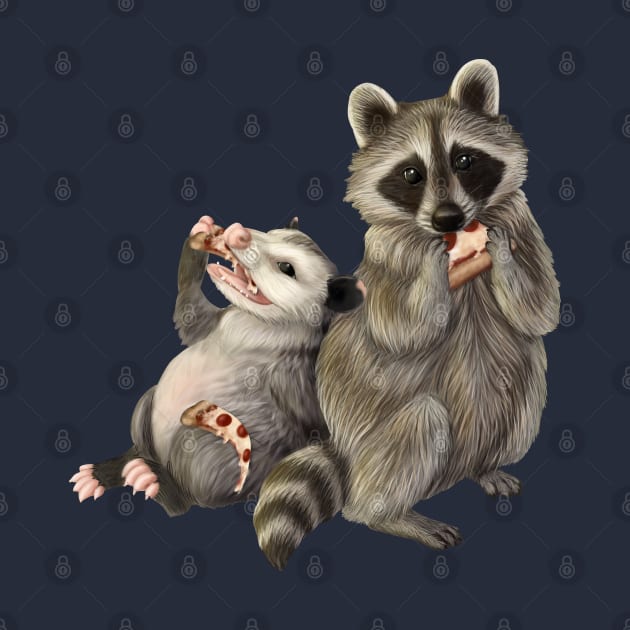 Opossum and Raccoon eating pizza by Mehu Art