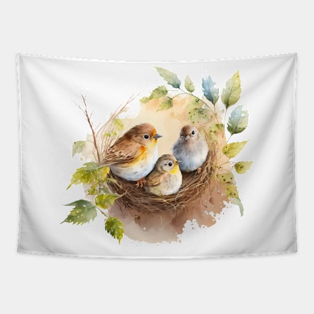 Birds on the nest watercolor Tapestry by KAWAIIBYHM