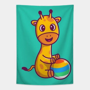 Cute Giraffe Sitting And Playing Ball Cartoon Tapestry