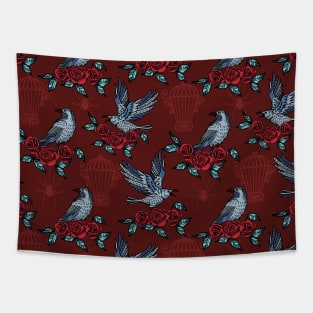 Gothic Halloween Style Ravens and Roses Tapestry