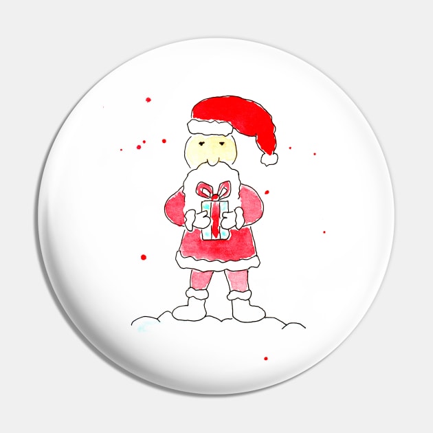 Santa Claus with a gift. Watercolor illustration on a winter theme, congratulations Pin by grafinya