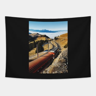 Cogwheel Train on Mount Rigi With Alpine Range in Background Tapestry