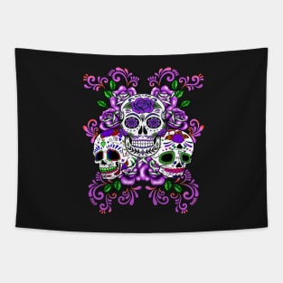 Triple Skull Purple Floral Day Of The Dead Sugar Skulls Tapestry