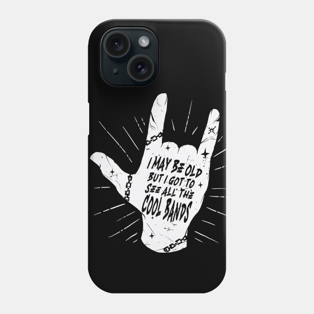 I May Be Old But I Got to See All the Cool Bands // Retro Music Lover // Vintage Old School Skeleton Guitar Rock n Roll // Rock On Hand Sign Phone Case by SLAG_Creative