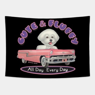 Cute Bichon Frise Driving vintage Classic pink cadillac while shopping Tapestry