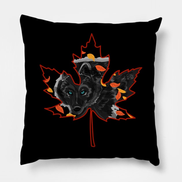 Black Wolf in Maple Leaf "October Wolf" Pillow by Boreal-Witch