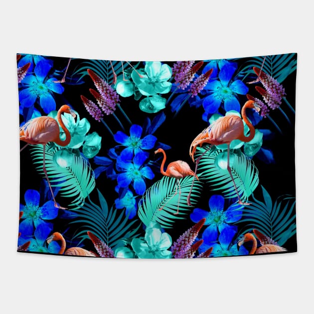 Flamingo Palm, Blue Flowers, Black Tapestry by Random Galaxy