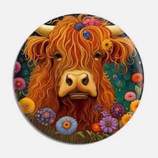 Sweet Scottish Highland Cow Under The Stars Pin