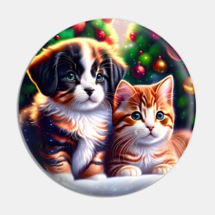 Cute puppy and cat under Christmas tree Pin