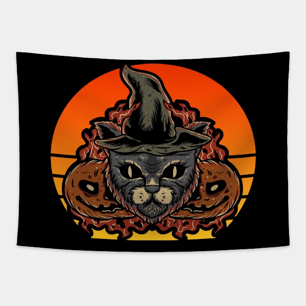 Black cat with witch hat Halloween vintage retro Tapestry by Prints by Hitz