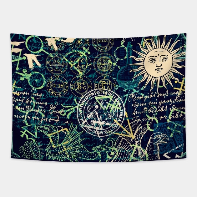 Alchemy and magic, blue, green, yellow Tapestry by yulia-rb