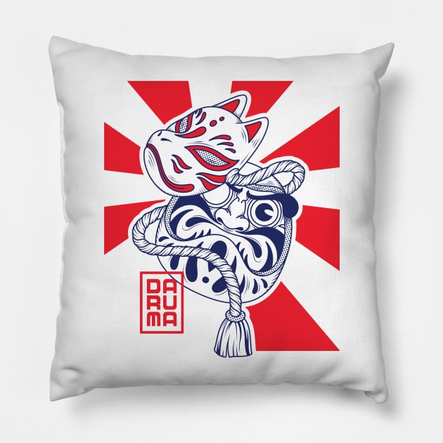 Daruma doll with kitsune mask japanese style illustration Pillow by Spes.id