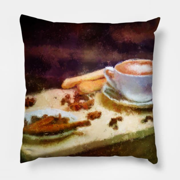 Coffee and Cloves - Cozy Cafe Impressionist Painting Pillow by BonBonBunny