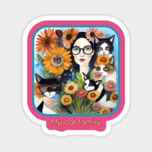 My Cat Family (lady wearing eyeglasses with 5 cats) Magnet