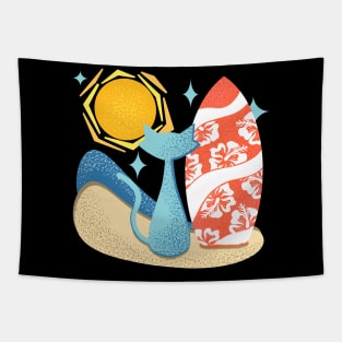 Funny Atomic Surf Cat Mid Century Modern Vibe and Surfboard Tapestry