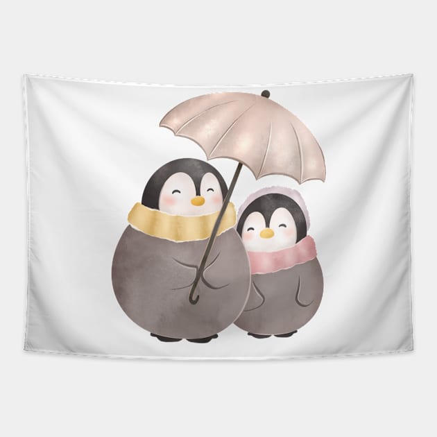 Cute umbrella penguins Tapestry by Catarinabookdesigns