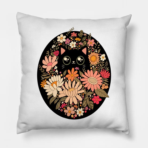 Cute Boho black cat with pink wildflowe Pillow by Yarafantasyart