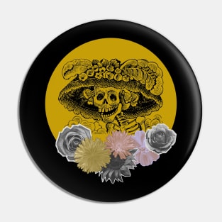 Halloween, Classic La Catrina, Black and Gold with Flowers Pin