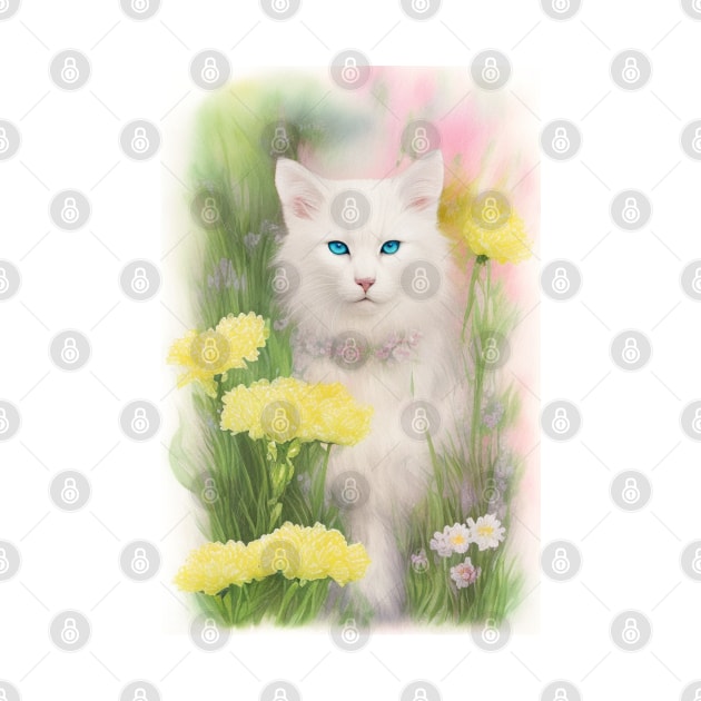 White Cat in the Flower Garden Soft Pastel Colors by Stades