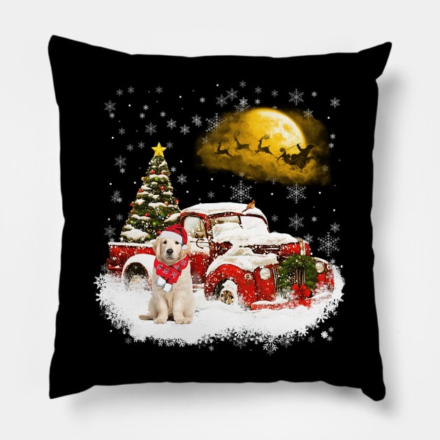 Red Truck Xmas Tree Golden Retriever Christmas Pillow by Benko Clarence