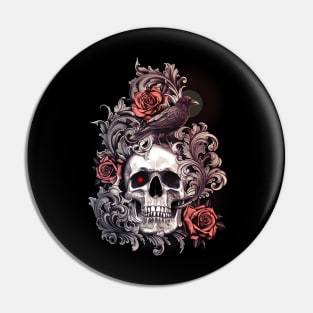 Skull Crow with Roses and Filigree Pin