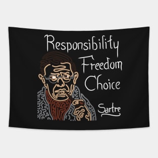 STYLIZED LINE ART SARTRE - RESPONSIBILITY FREEDOM CHOICE - neutral Tapestry