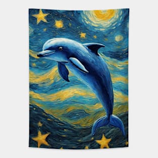 Adorable Dolphin Animal Painting in a Van Gogh Starry Night Art Style Tapestry