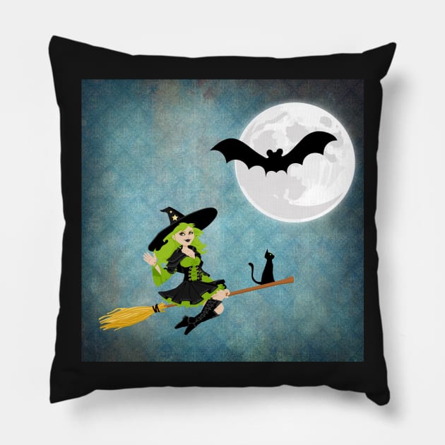 Green Haired Witch Flying on Broom With Cat Pillow by TNMGRAPHICS