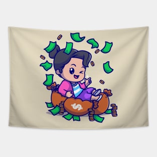 Cute Rich Girl With Money Cartoon Tapestry