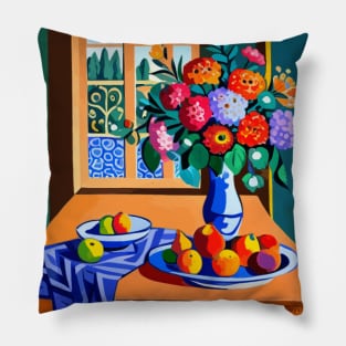 Still Life Painting with Colorful Flowers in a Blue Vase Pillow