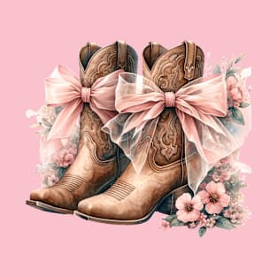 Floral Coquette Cowgirl Boots & Pink Bows T-Shirt