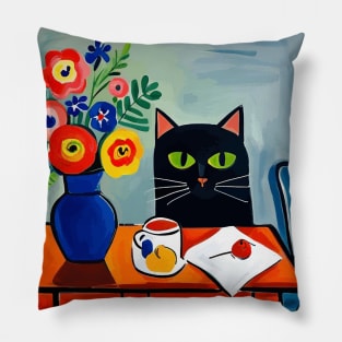 Black Cat with Flowers in a Blue Vase Still Life Painting Pillow