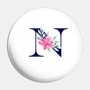 Watercolor Floral Letter N in Navy Pin