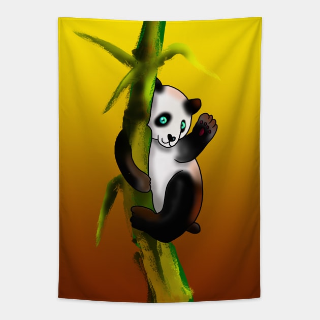 Panda climbing bamboo on a gold background Tapestry by cuisinecat